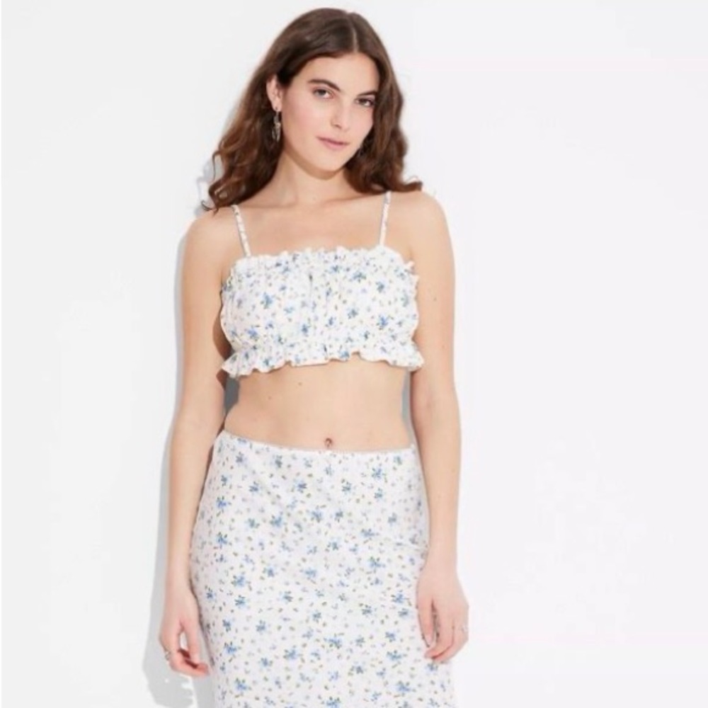 Wild Fable Two-Piece Linen Floral Blue & White Crop Tank Top Skirt Set - Size M